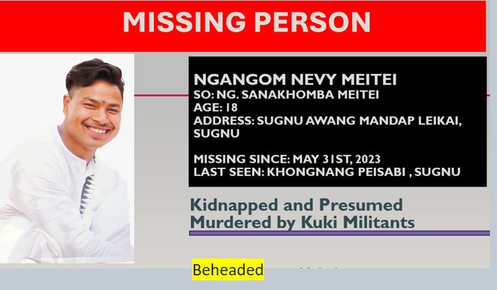 tiredmama's tweet photo. #KukiAtrocities
‼️Ngangom Nevy Meitei resident of Sugnu have gone missing since 31st May23
‼️30th Jan 24-disturbing vid circulated in many social networks confirming of Nevy Meitei brutally EXECUTED N DECAPITATED by #KukiNarcoTerrorist
‼️His skeletons were recovered by Sugnu PS https://t.co/AUieESPNa2