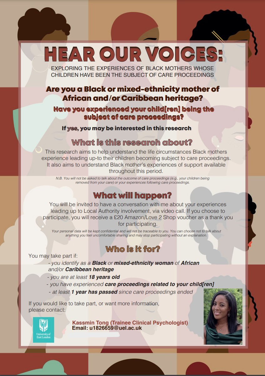 PauseOrg's tweet image. Are you a Black or mixed-ethnicity mother of African and/or Caribbean heritage, with experience of care proceedings? You might be interested in getting involved in this research 👇

@UEL_News