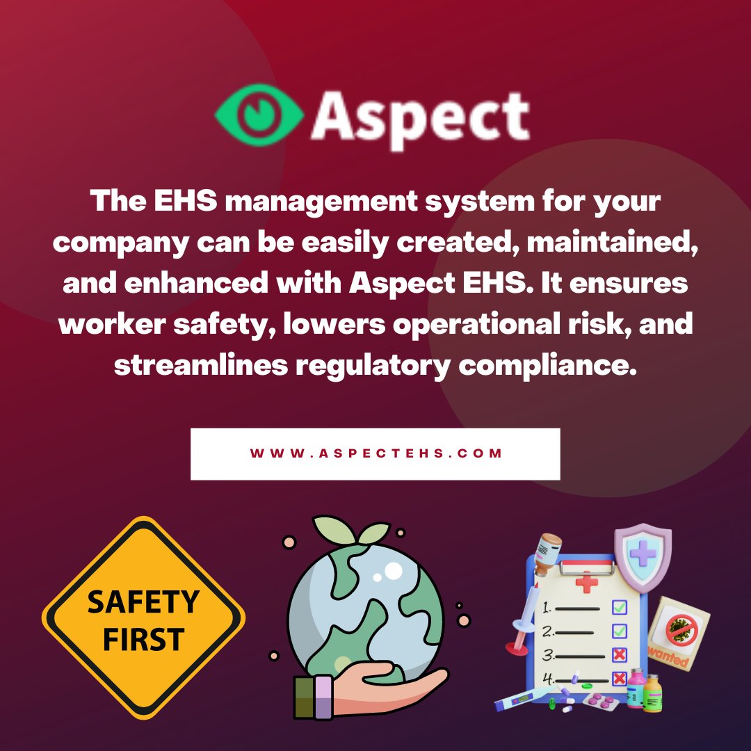 disruptive_adv's tweet photo. The #EHSManagement system for your company can be easily created, maintained, and enhanced with #AspectEHS.

It ensures worker safety, lowers operational risk and streamlines regulatory compliance.

#EHS #Environment #Health #Safety #EHSSolution #EnvironmentHealthSafety https://t.co/1PHj2PswPK