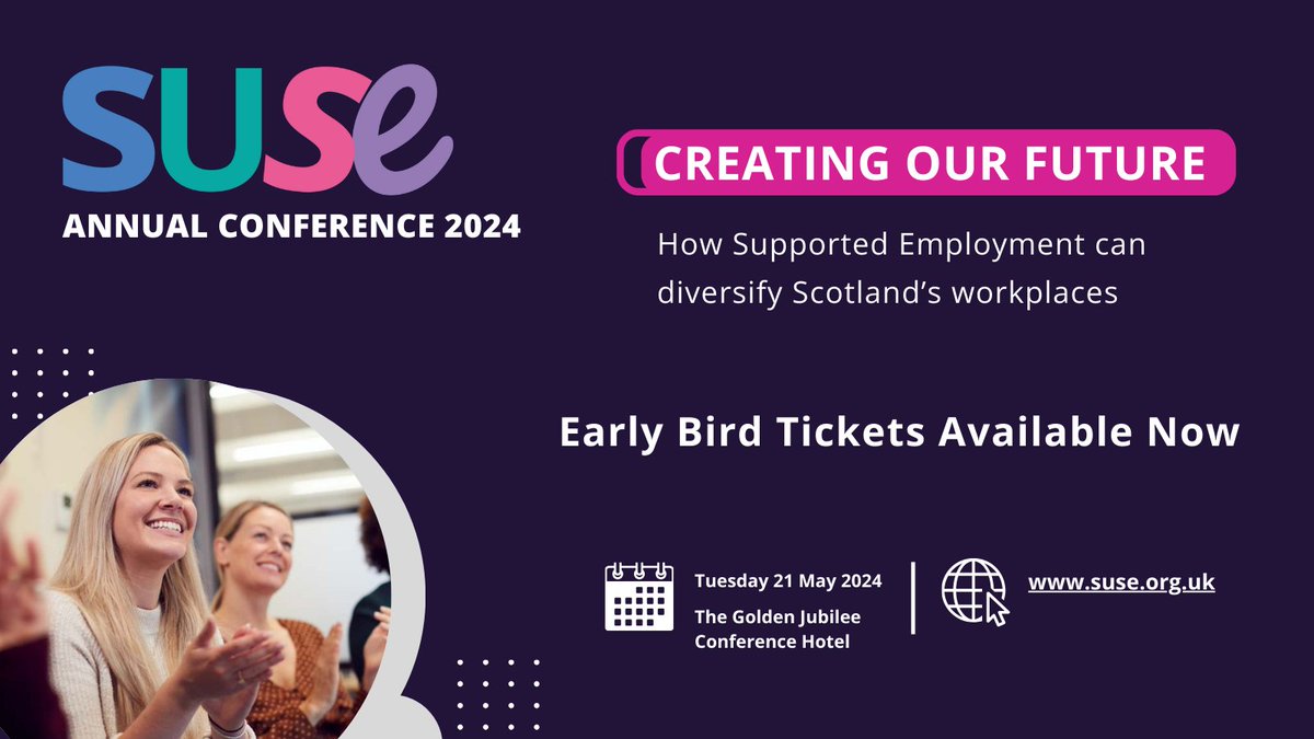 SUSE 2024 Annual Conference 👇 For all organisations interested in transforming Scotland's workplaces and creating opportunities for disabled people. Early Bird tickets are available now: ow.ly/oIj050QvY43 #CreatingOurFuture #DiverseWorkplaces #ReduceTheGap