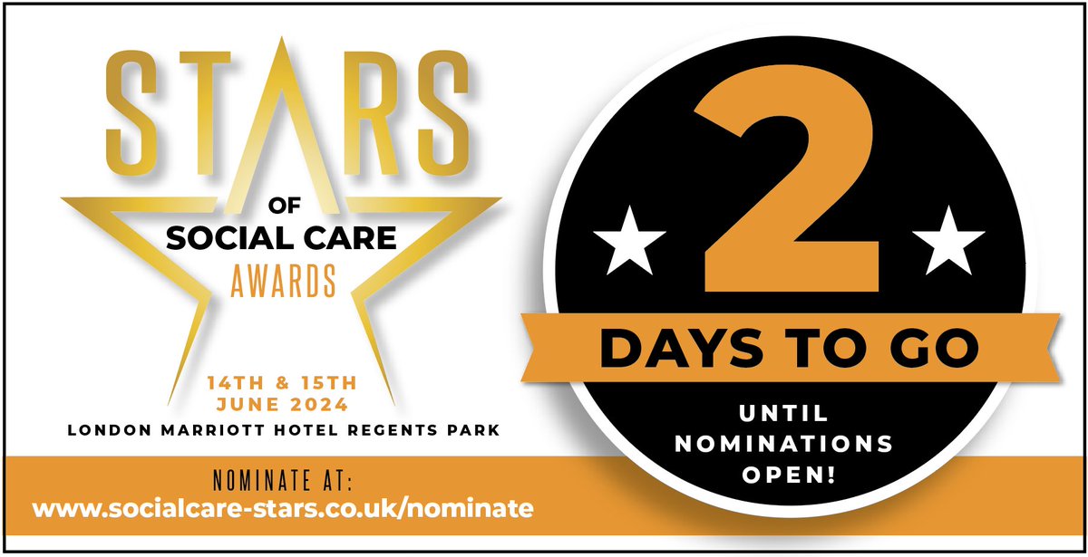 TWO DAYS to go before nominations close for the @SocialCareStars Awards! Don’t delay .. get your nominations in at at bit.ly/3iuvXCW A duo of 2 glittering events for the home care & care home sector place 14th & 15th June 2024 #SocialCare #SocialCareStars