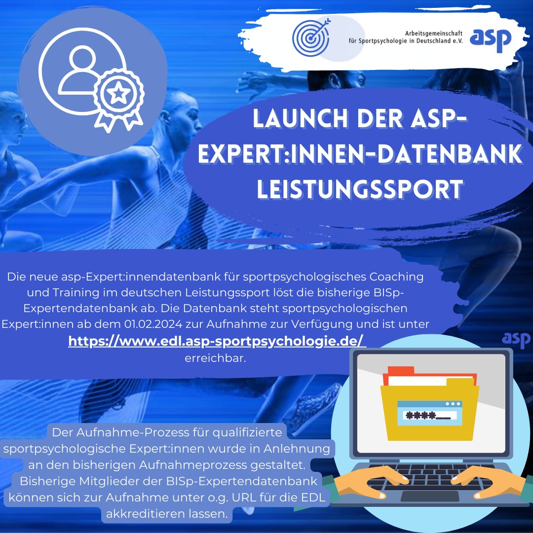 asp_sportpsycho's tweet photo. Launch der Expert:innendatenbank (ED) Leistungssport!
Die ED steht sportpsychologischen Expert:innen ab HEUTE unter https://t.co/51tQbwIdiJ zur Verfügung. 
Wir hoffen, dass Ihnen die neue asp-ED gefällt, und wir viele neue und ehemalige #asp - Mitglieder begrüßen dürfen! https://t.co/GBdJq0BDFK