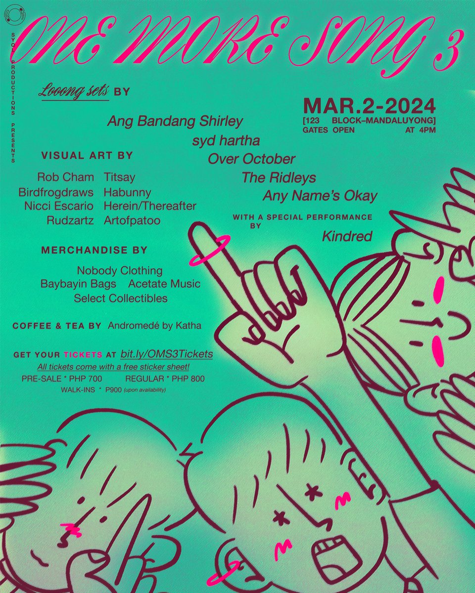 syqlprod's tweet photo. ☝🏻 SYQL presents ONE MORE SONG ☝🏻

📍 MARCH 2 @ 123 BLOCK, MANDALUYONG (4 PM)
🎫 TICKETS — https://t.co/c1bK0z5SYx

🎙️LONG SETS BY
@thebandshirley
@sydhartha
@overoctoberph
@theridleysmusic
@anynamesokay

➕ WITH A SPECIAL PERFORMANCE BY
Kindred https://t.co/XMjLXVXY9Y