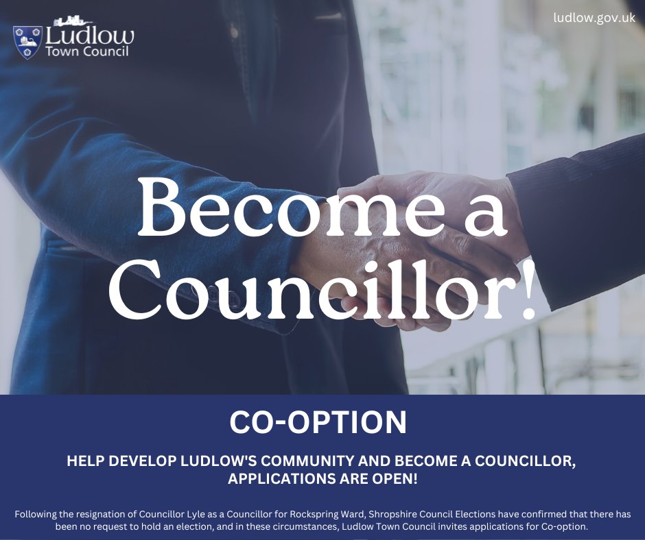 Could you make a difference to Ludlow?

‼️ COUNCILLOR VACANCY ‼️

Applications are open: ludlow.gov.uk/your-council/c…

Applications close: 26th February 2024. 
Co-option meeting: 4th March 2024

#Ludlowtowncouncil