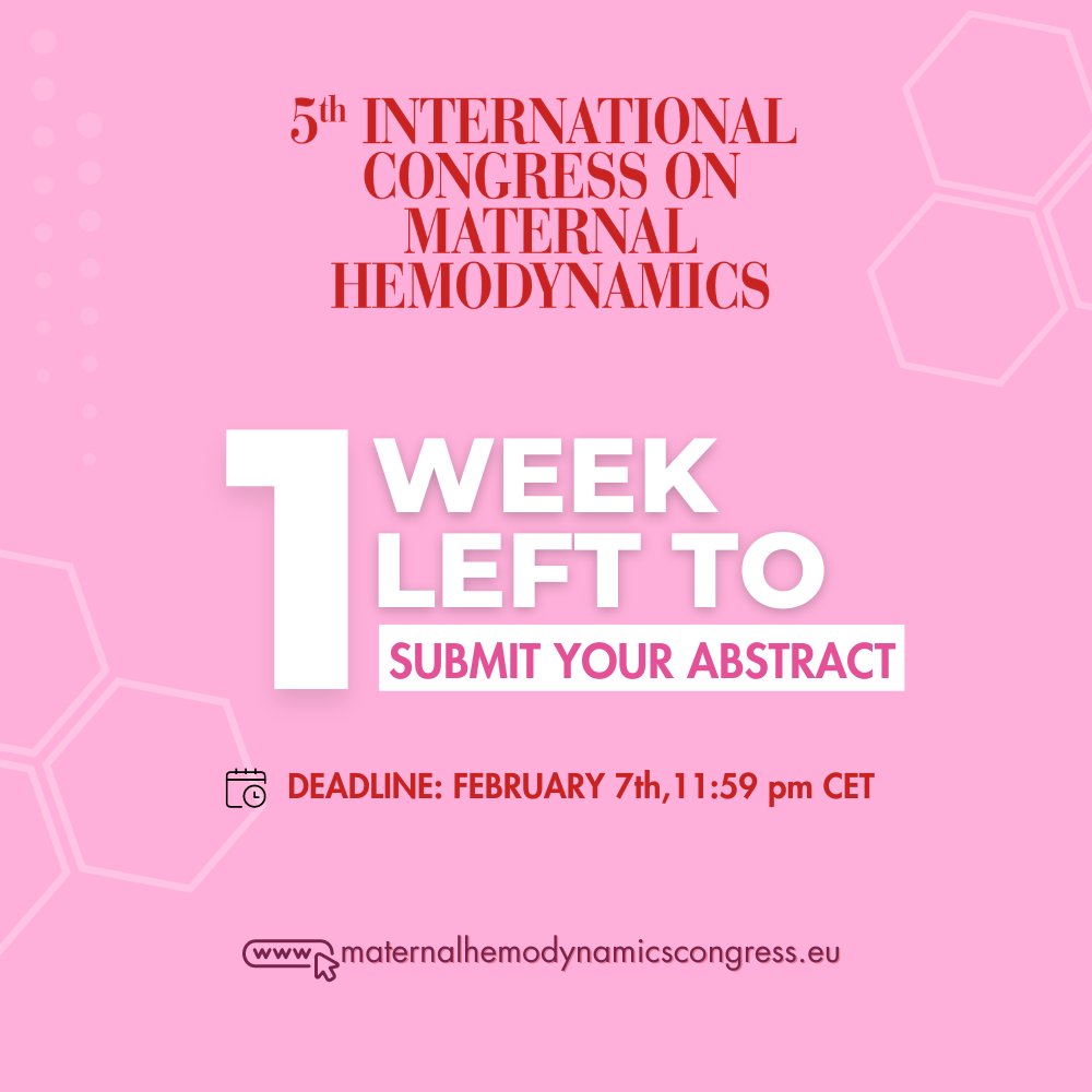 1 week left to finalize your original research on a wide spectrum of topics in #MaternalHemodynamics, and gain international recognition from prominent feto-maternal community. 

Submit via👉: bit.ly/3RaCmkb

#IWGMH #hypertension #cardiology #fetalmedicine