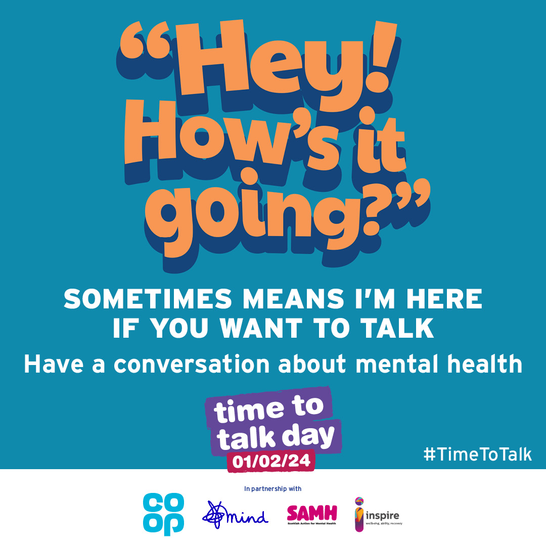 Join @coopuk @mindcharity @rethink_ for #TimeToTalk Day on Thursday (1 Feb) and have a conversation about mental health. It's not always easy to say how you really feel, but talking can make all the difference.