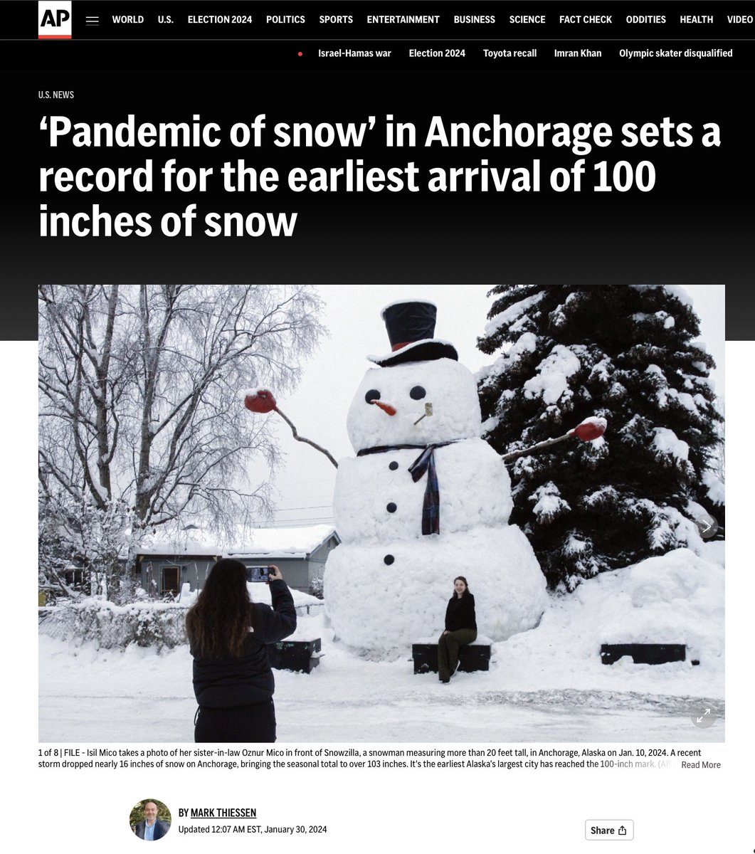 ChrisJ_01's tweet photo. The climate narrative takes another hit as Anchorage witnesses record-breaking snowfall, contradicting earlier claims of a snowless future.
Climate predictions continue to face scrutiny amid real-world observations.
#ClimateReality #SnowfallRecord #ClimateScam https://t.co/YjbsTK0DW4
