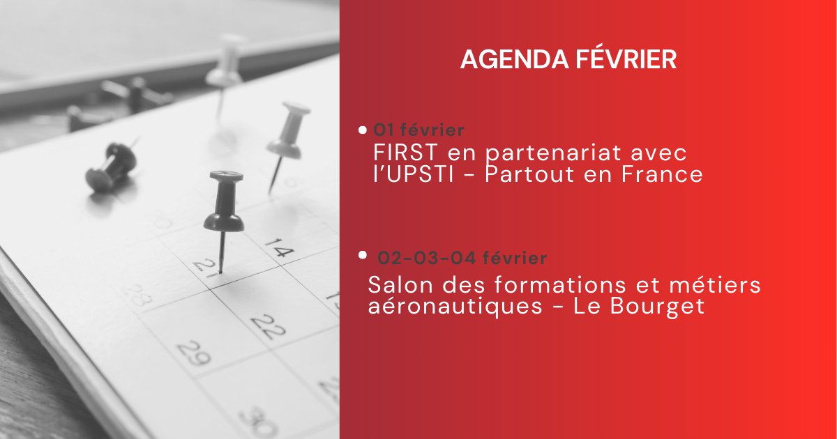 📍Découvrez l’agenda de FÉVRIER 

01 février : FIRST en partenariat avec l'UPSTI
02,03 &amp; 04 février : Salon des formations et métiers aéronautique - Le Bourget 

#feminisonslaero #agendafevrier #salon #aviation #aeronautique