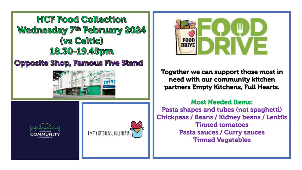 HibsinCommunity's tweet photo. Hibernian Community Foundation, alongside @emptykitchens have served over 5000 meals to date!

We are looking to provide further support for members of our community by hosting a food collection ahead of our match against Celtic ⚽️

Items that can be donated can be found below 💚 https://t.co/87Nn4OagKB
