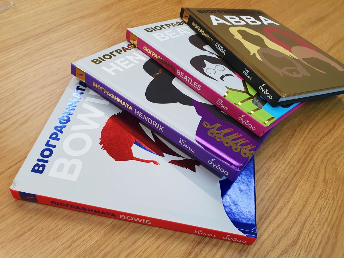 AmmonitePress's tweet photo. Look at these beautiful translated editions of 4 #Biographic series titles, #Bowie, #Hendrix, #TheBeatles &amp; #ABBA, published by Ogdoo Music Group in the #Greek language. #ForeignEdition #Translation @GMC_D #AmmonitePress #LizFlavell #VivCroot https://t.co/uAwNeBTXY6