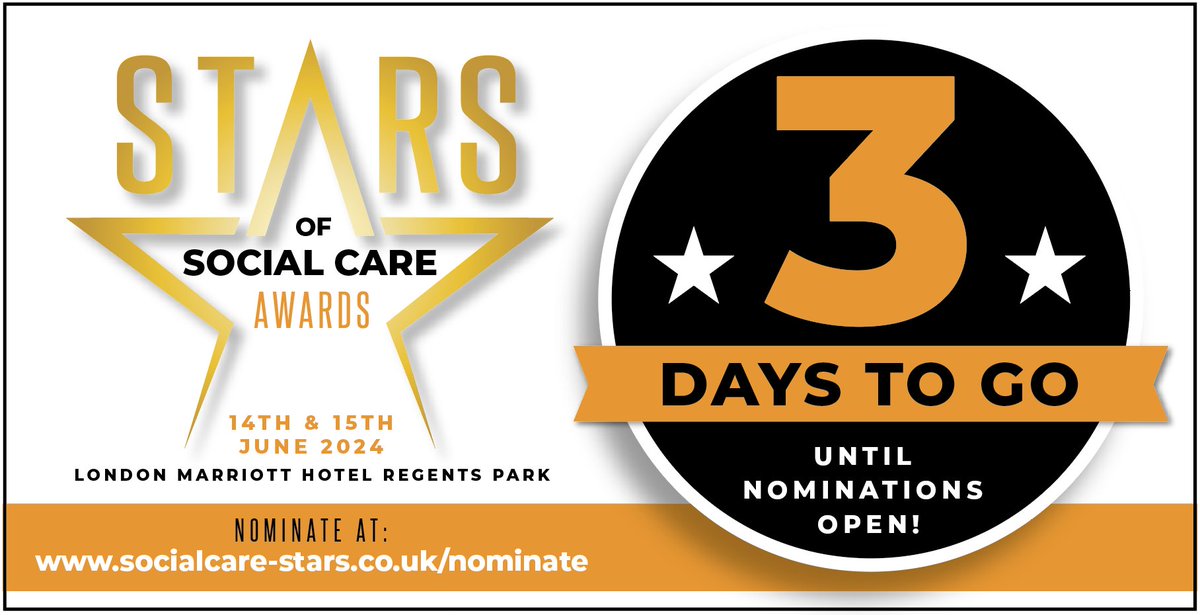 THREE DAYS to go before nominations close for the @SocialCareStars Awards! Don’t delay .. get your nominations in at at bit.ly/3iuvXCW A duo of 2 glittering events for the home care & care home sector place 14th & 15th June 2024 #SocialCare #SocialCareStars