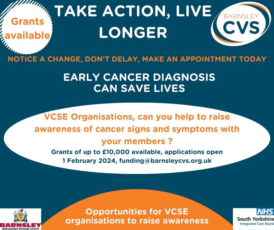 💷Applications are now open for our Take Action Live Longer (TALL) funding! 💻You can access the application form on our website: barnsleycvs.org.uk/news/take-acti… ⏰The deadline for applications is 29 February 2024. ❓Information about our drop ins is available on the website