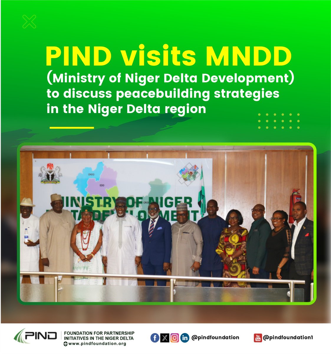 On Thursday, January 25, 2024, PIND visited the office of the Honorable Minister for Niger Delta Development, Abubakar Momoh, at the Federal Secretariat, Abuja, to present the Niger Delta Regional Peacebuilding Strategy (NDRPS) document and discuss plans for its validation.