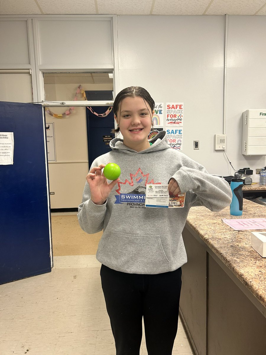 S was the winner of project positivity for January! She won a swim pass and ball donated by the <a href="/TownofCBS/">Conception Bay South</a> and a coupon for Pronto Pizza donated by the Co-Operaters in CBS! Great job, S!💙💛🤍 <a href="/FRJHschool/">@FRJHschool</a>