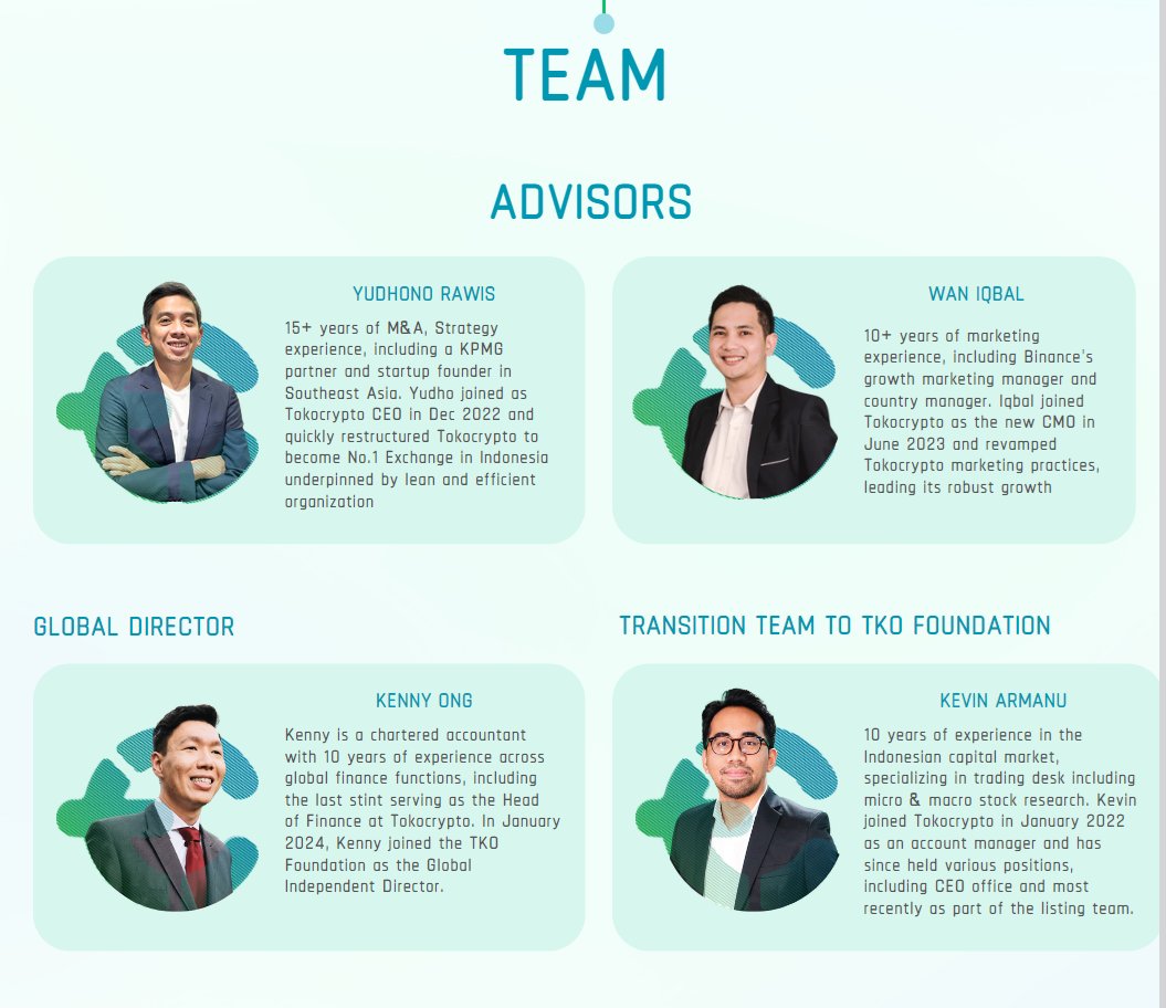 6.The Team: In December 2022, after the official acquisition of Tokocrypto  by Binance, the former CEO Pang Xue Kai stepped down, and Yudhono Rawis was  appointed as the CEO. CEO: Yudhono has