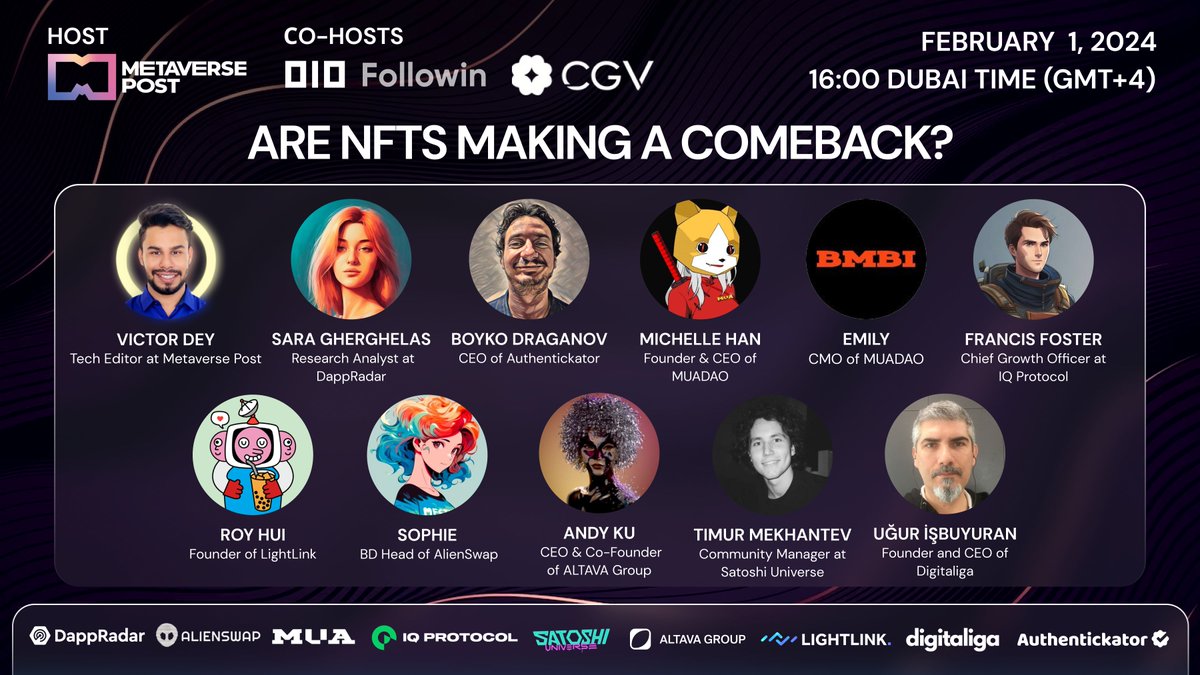 mpost_io's tweet photo. 🚨New AMA: Are NFTs making a comeback?

Host: @iamVictorDey
Co-hosts: @CGVFOF, @followin_io 

📅 Feb 1, 16:00 Dubai time (GMT+4)

See our esteemed speakers and❗️set a reminder❗️below👇 https://t.co/OdtGpUCSC5