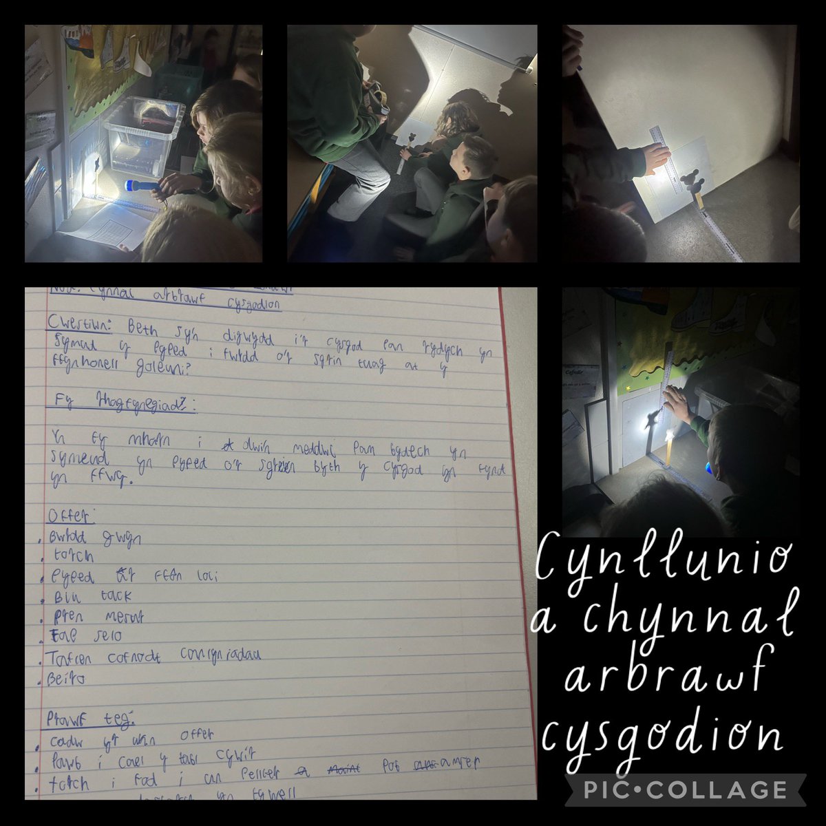 Bl6/Yr6: Rydym wrthi bore’ma yn cynllunio a chynnal arbrawf cysgodion. This morning we are busy planning and carrying out a shadow investigation #4diben