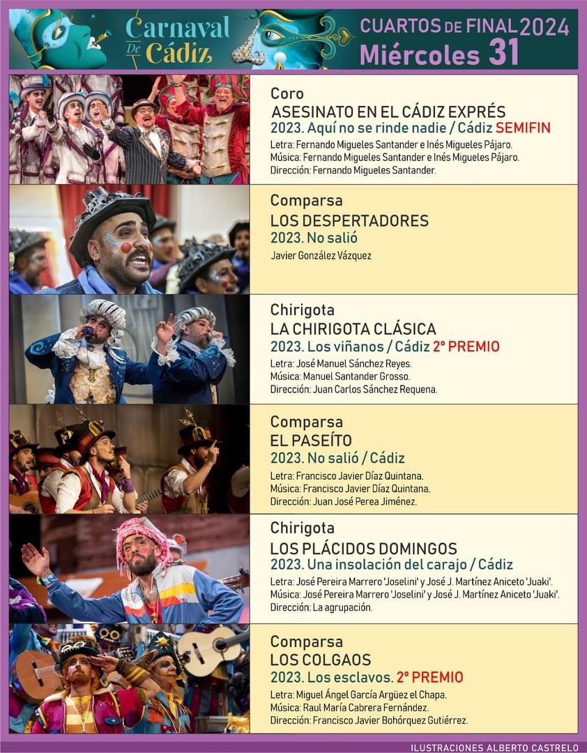 ESTA NOCHE Sesión 6 de Cuartos de la Fase de Adultos  #COAC2024C6 

⏰ 20:00h 
📌Gran Teatro Falla
📺 Onda Cádiz Tv
💻 Canal de Onda Cádiz Carnaval en YouTube 
🎙Canal Sur Radio, Cope, Radio Cádiz Ser, Onda Cero