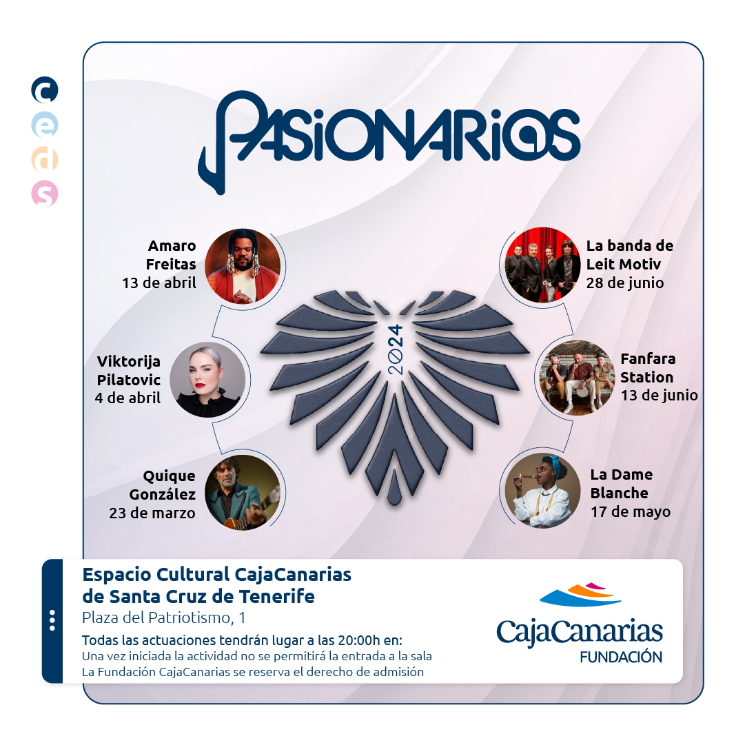 Fundación CajaCanarias (@cajacanarias) on Twitter photo 💜 ¡Regresa Pasionari@s!
🎼🎸<a href="/quique_gonzalez/">Quique González</a>, <a href="/viktorija_pilat/">Viktorija Pilatovic</a>, Amaro Freitas, <a href="/ladameblanche13/">La Dame Blanche</a> , Fanfara Station y <a href="/LeitMotivBand/">Leit Motiv Band</a> ¡No te los puedes perder!
ℹ️ Información y entradas en bit.ly/Pasionarios24 💜 ¡Regresa Pasionari@s!
🎼🎸<a href="/quique_gonzalez/">Quique González</a>, <a href="/viktorija_pilat/">Viktorija Pilatovic</a>, Amaro Freitas, <a href="/ladameblanche13/">La Dame Blanche</a> , Fanfara Station y <a href="/LeitMotivBand/">Leit Motiv Band</a> ¡No te los puedes perder!
ℹ️ Información y entradas en bit.ly/Pasionarios24