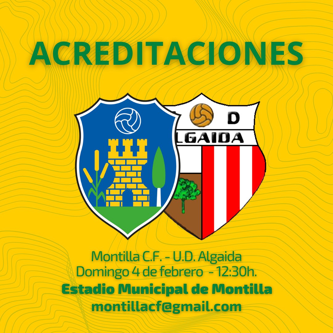 MontillaCF's tweet photo. 📨𝗔𝗖𝗥𝗘𝗗𝗜𝗧𝗔𝗖𝗜𝗢𝗡𝗘𝗦 | Jornada 18
#MontillaCF - #UDAlgaida 

-FECHA LÍMITE-
📅Viernes 2 de febrero
🕙22:00 h.
💻montillacf@gmail.com
🚫No se atenderán peticiones fuera de plazo.
✉️La aprobación se comunicará por correo electrónico.

#Montilla #Acreditaciones https://t.co/2cIuHbaQ3o