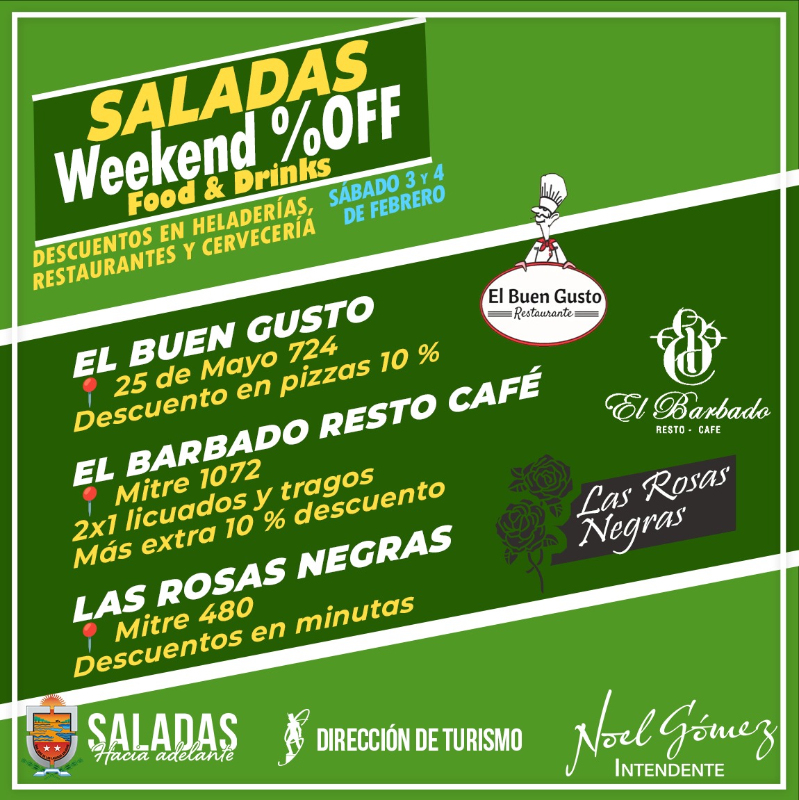 Para seguir impulsando el turismo en #Saladas diseñamos un fin de semana con una ruta gastronómica, donde los vecinos y turistas encontrarán descuentos en comidas, bebidas y postres🍹🍕🍦
Gracias a quienes se sumaron. Es una forma de seguir trabajando #JuntosHaciaAdelante 🫂🙌