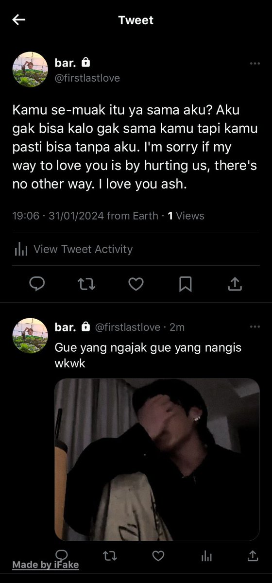 JagaJarakSana's tweet photo. #jikook AU.

“Open Wound”

Biarkan rebah pada tangisku, raga, rasa kita yang lalu. Melepas itu caraku mencintaimu. https://t.co/mNtqBZSAJz