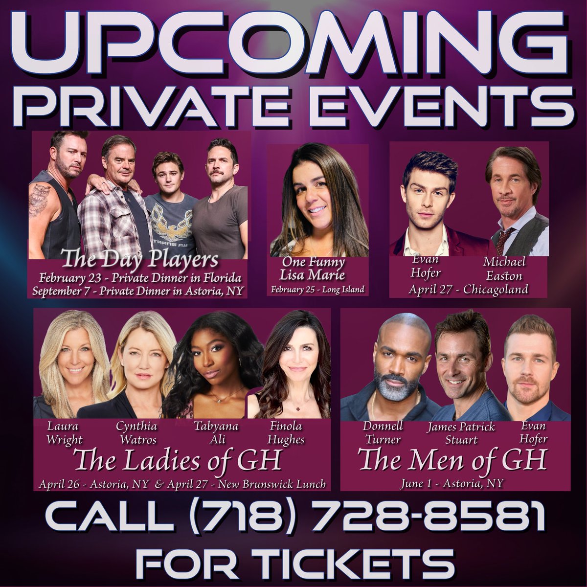 Our private fan events are like no other! 
Mega stars, mega fun! 
The Day players are doing their first dinner in #Florida in just a few weeks! 
#Tiktokmom #Onefunnylisamarie heads to #LongIsland @EvanHofer #Michaeleaston in #Chicago area! #GeneralHospital ladies in Feb &more!