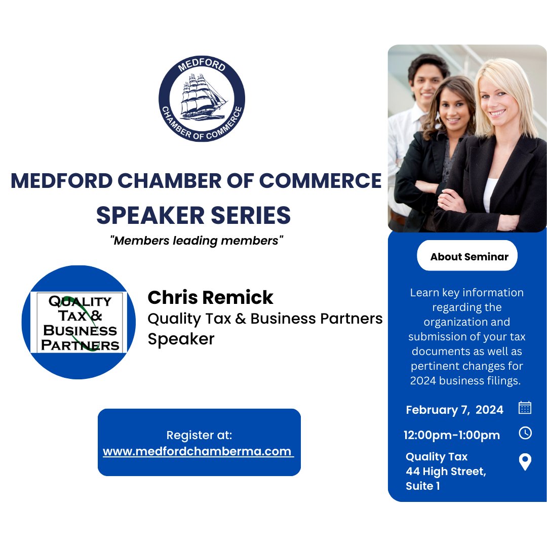 MedChamberMA's tweet photo. Our Business Speaker Series continues next Wednesday 2/2 at noon with Chris Remick of Chamber Platinum Member Quality Tax &amp; Business Partners on the organization and submission of your tax documents and pertinent changes for 2024 filings. https://t.co/A7YyTEEZKx https://t.co/hekkcblDzI