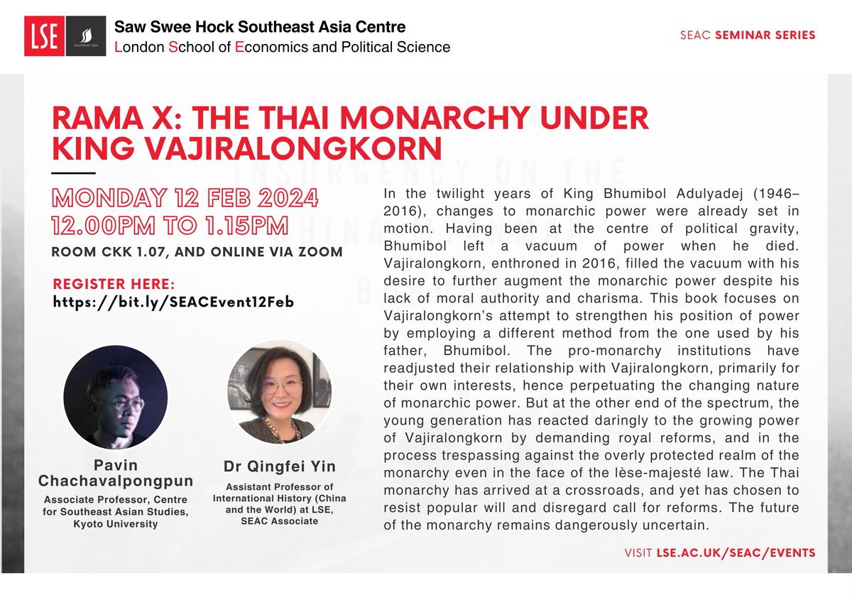 LSESEAC's tweet photo. 🌟 Save the date! Join us for the book launch of "Rama X: The Thai Monarchy under King Vajiralongkorn" with Prof. @PavinKyoto! 

🗓️ Feb 12, 2024, 12:00pm-1:15pm.

🌐 Register here: https://t.co/OAdbaxlFJu

#RamaX #ThaiMonarchy #BookLaunch #LSEEvent https://t.co/JxXyBOkflb