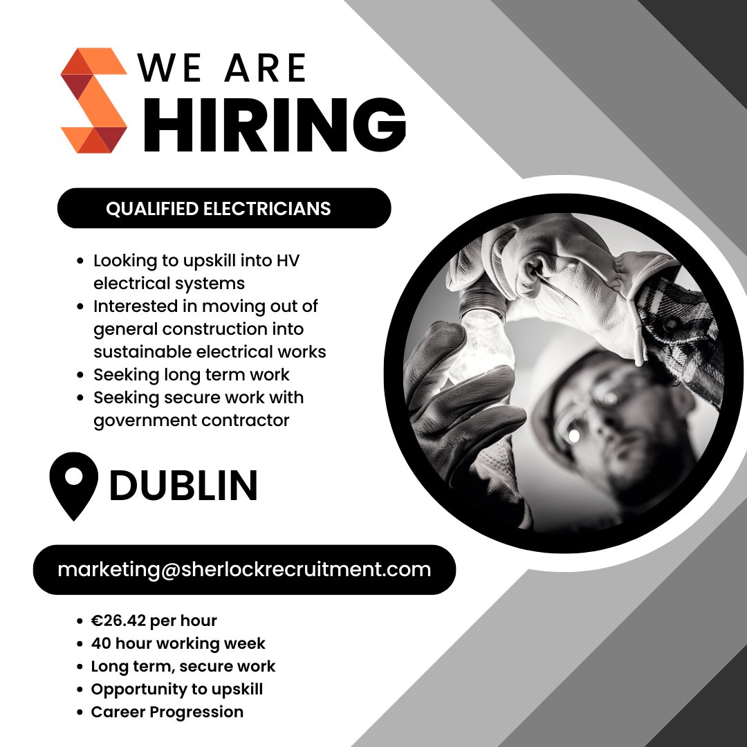 BIG JOB OPPORTUNITY FOR THE RIGHT CANDIDATE!💥

We are hiring Qualified Electricians - Dublin Area

Interested?
Send your CV and certs to marketing@sherlockrecruitment.com

#electricianjobs #dublin #recruitment #hiring #electricians #commercialelectricians #industrialelectricians