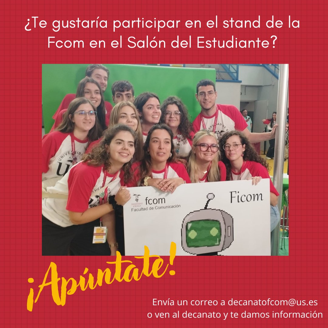 ¿Te gustaría participar en el stand de la #FCom en el Salón de Estudiantes 2024?

⏳ Hasta el 15 de febrero puedes presentar tu solicitud

⏩ Será del 8 - 13 de abril de 9:00 a 14:30 h. y puedes ser reconocido con 1 crédito ECTS

Infórmate y participa ⬇️

fcom.us.es/noticiasfcom/a…