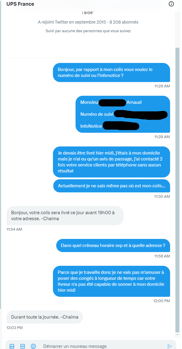 OctopuIse's tweet photo. Lunaire...

Au final, j'ai appelé le relais colis stipulé dans l'avis de passage du "livreur" qui avait peur de se casser le doigt (et le cul?) à appuyer sur ma sonnette et miracle, c'est eux qu'ils l'ont depuis ce midi...

Merci @leaskim pour l'info sûre et bon courage à tous ! https://t.co/E2wHKHj51M