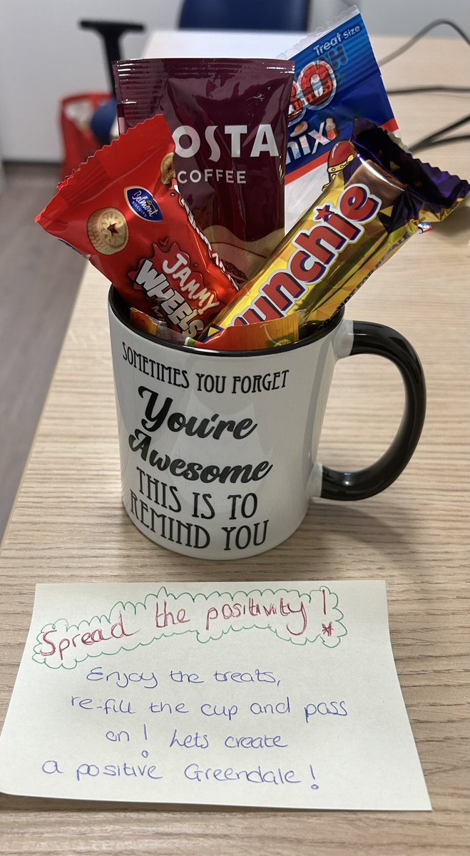 Positivity mug….we have started a positive mug on the ward, I mugged one of our lovely HCAs Jo who said this made her day. 
Her job is now to enjoy the treats, fill the mug, pick someone from the team & spread the positivity! 
Happy staff, happy team! 
@wearewoodview
