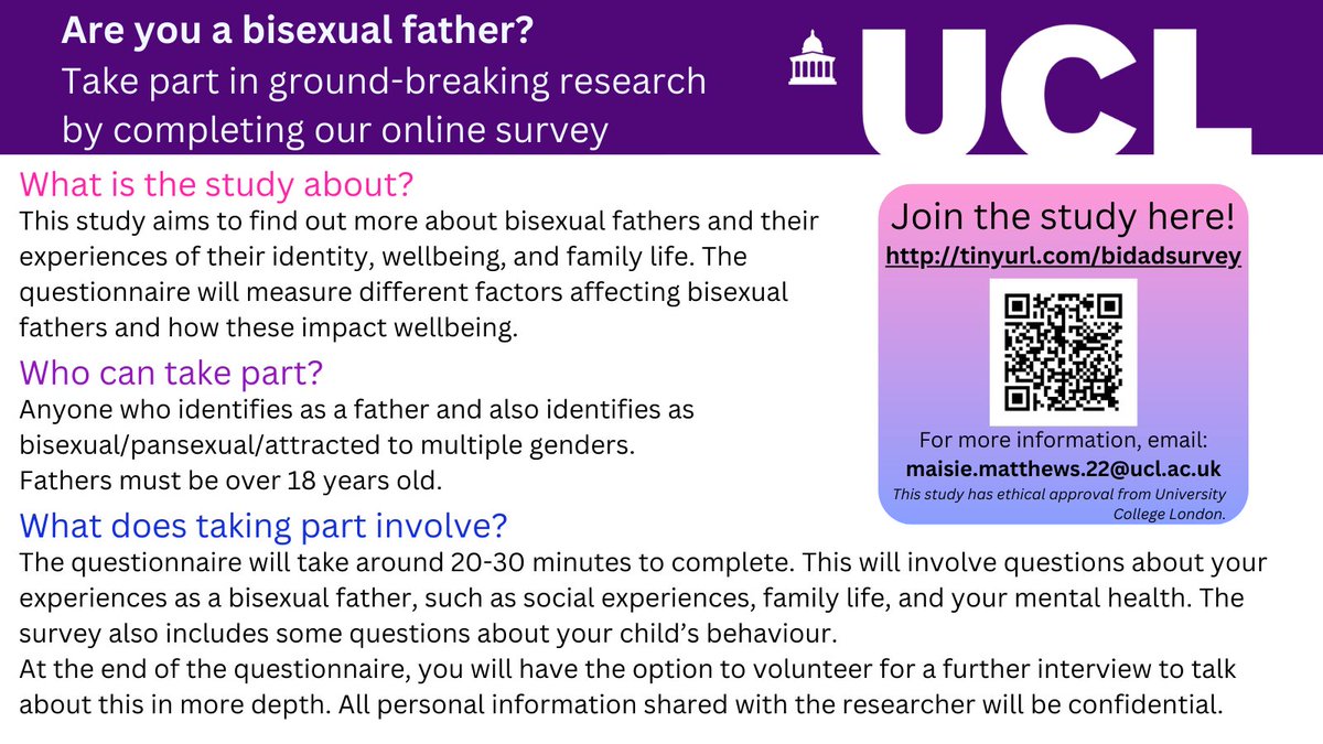 Looking for bisexual dads to take part in an online survey as part of my PhD study at UCL! If you identify as bisexual+ and a father, you can take part through the link below. Please share if you know anyone who may be interested! tinyurl.com/bidadsurvey