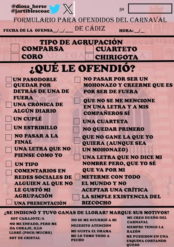 ¡Ya está aquí el formulario de #ofendiditos del #COAC2025, rellene su formulario y lo puede presentar en cualquiera de sus redes sociales. El auténtico, solo apto para lloron@s #COAC2024C5  #coac2024C6 yo creo que a <a href="/tercertiempers/">El Tercer Tiempo del Carnaval</a> les va a venir de lujo.🤣🤣