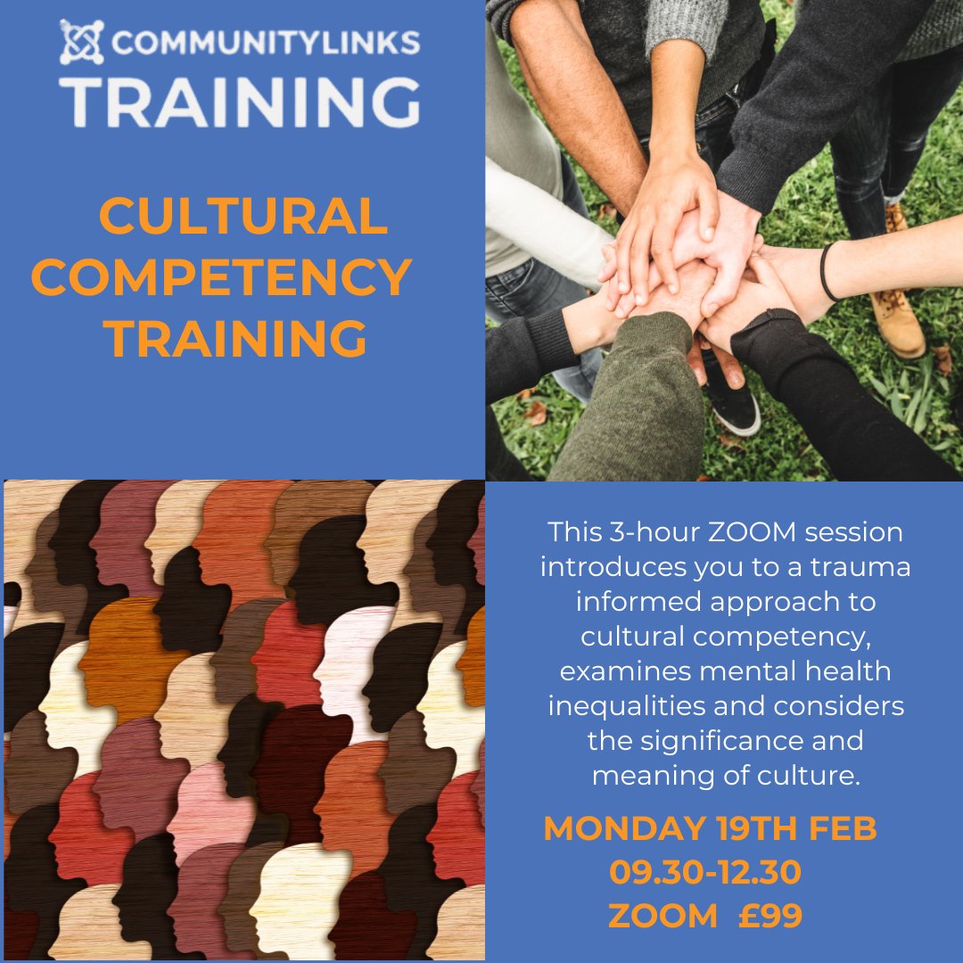 Join this 3-hour zoom session to be introduced to a trauma informed approach to cultural competency. It's on Monday 19th February 09.30-12.30 and costs £99. To find out more or book your place, visit ow.ly/lx6O50QwgMJ 💡 #culturalcompetency #communitylinkstraining