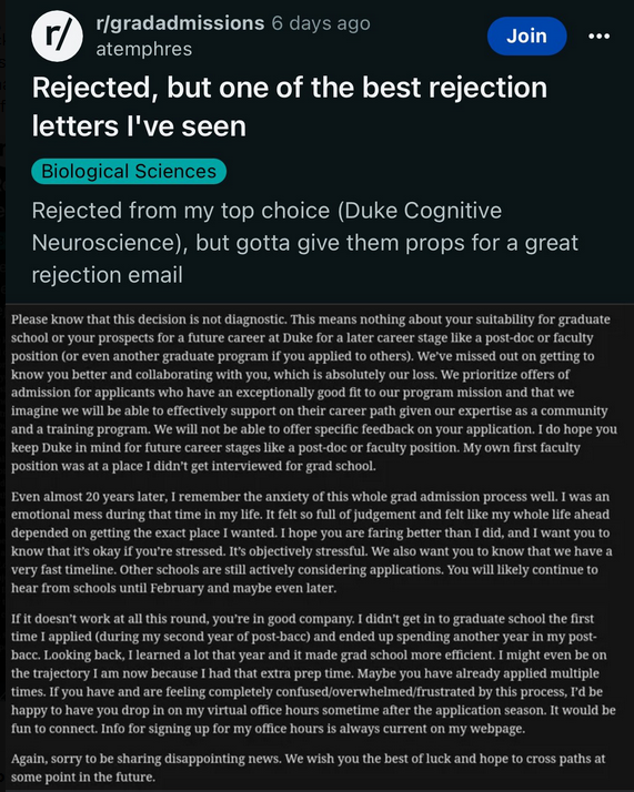 The best rejection letter I have ever read. Full of humanity, honesty, and foresight. Amazing eloquence by @GregoryRSL For what it's worth, I was rejected by @JHUBME PhD program. But as the letter says, that's not a diagnostic, just a match that wasn't made at that time.