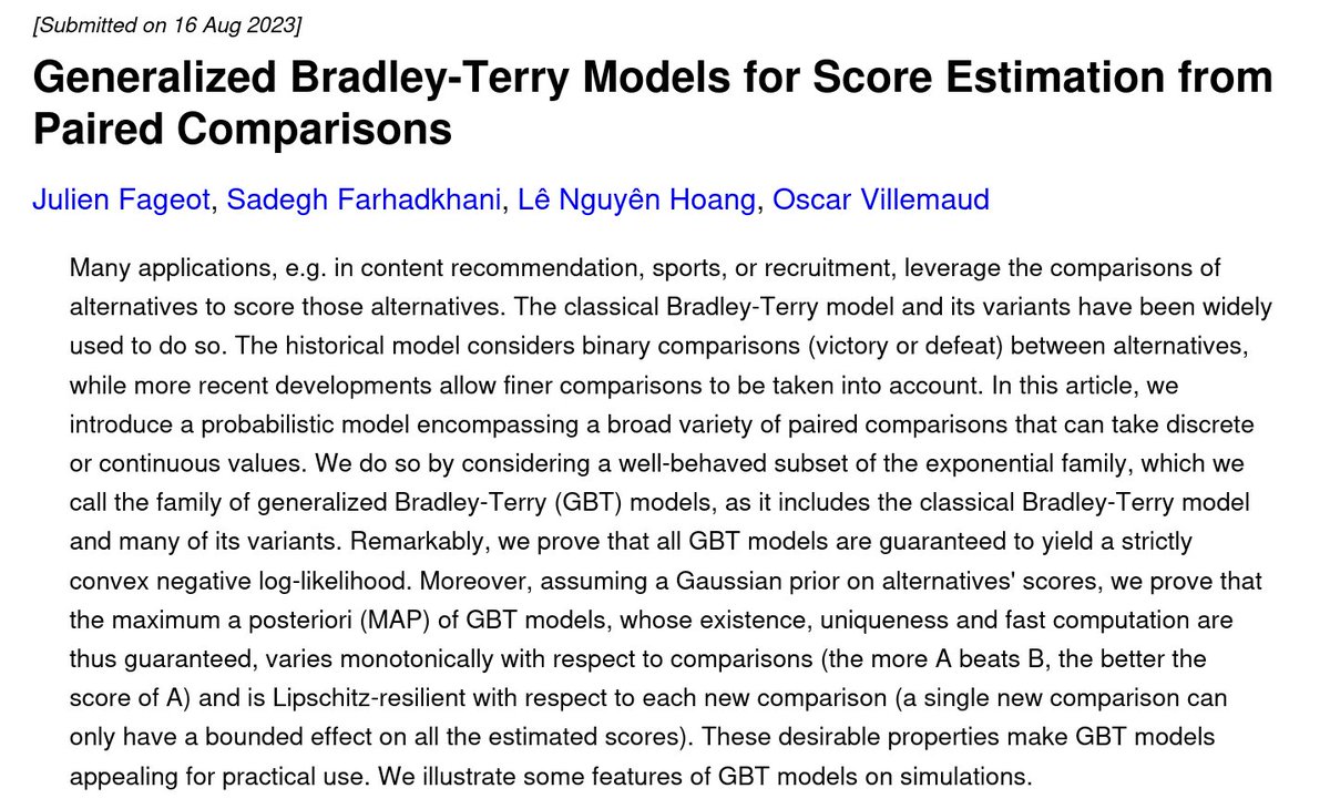 C'est finalement allé assez vite !

L'article de recherche, co-écrit <a href="/JulienFageot/">Julien Fageot</a> <a href="/OscarVillemd/">oscar</a> <a href="/Sadegh_Farhad/">Sadegh Farhadkhani</a>, sera publié à #AAAI2024, et les algorithmes sont déployés sur <a href="/TournesolApp/">Tournesol 🌻</a> depuis septembre 2023.

Une science qui fait très plaisir !!
arxiv.org/abs/2308.08644