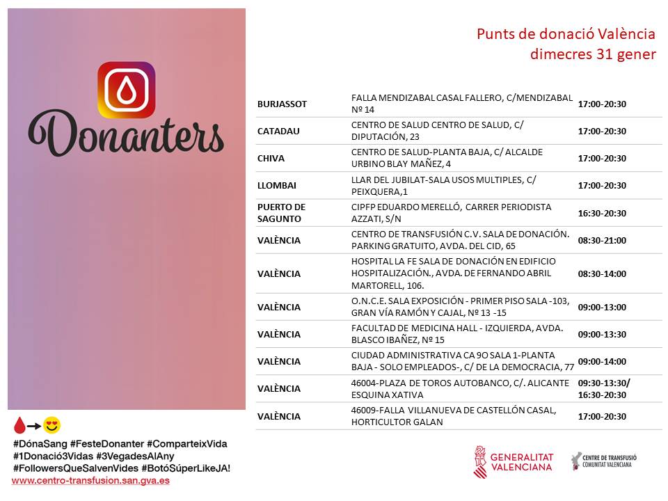 GVAdonasang's tweet photo. Punts de donació #València
📅dimecres #31gener
Cada dia els nostres hospitals necessiten sang. La teua generositat permet que els malalts puguen rebre el seu tractament.
#DonaSang #FesteDonanter #ComparteixVida🩸 https://t.co/bUD7EZkSCF