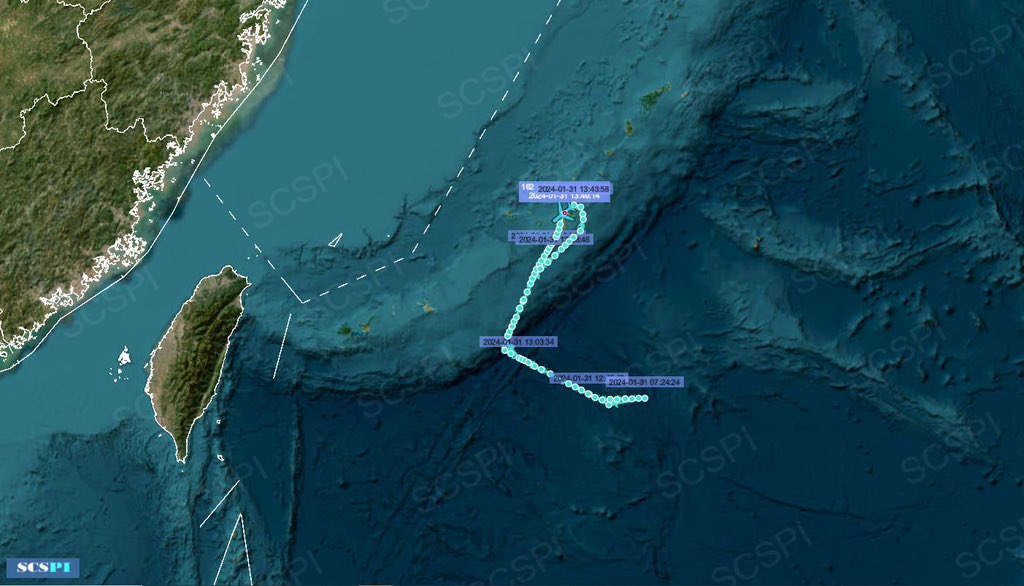 SCS_PI's tweet photo. #USSCarlVinson and #USSTheodoreRoosevelt are simultaneously operating in the southeast waters of Miyako Strait, based on the flight paths of carrier-borne C-2A Greyhound #AE045E and #AE0469, Jan.31. https://t.co/xWDhSQbnav