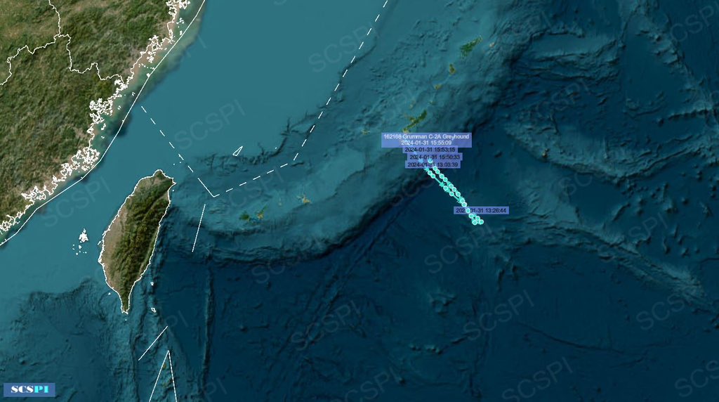 SCS_PI's tweet photo. #USSCarlVinson and #USSTheodoreRoosevelt are simultaneously operating in the southeast waters of Miyako Strait, based on the flight paths of carrier-borne C-2A Greyhound #AE045E and #AE0469, Jan.31. https://t.co/xWDhSQbnav