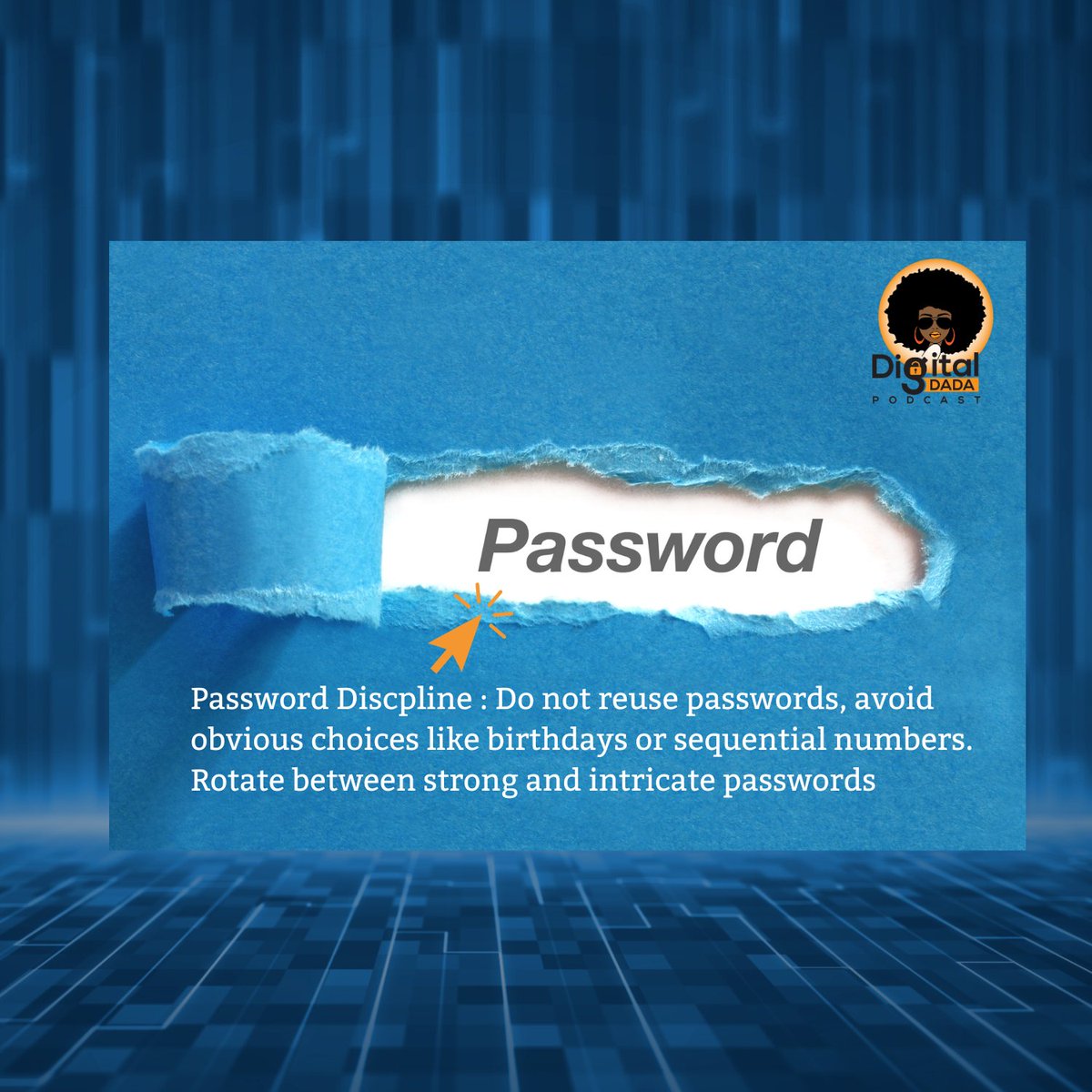 Ddadapodcast's tweet photo. Password discipline: Maintain strong, unique passwords for each account, use a mix of letters, numbers & symbols,consider using a reputable password manager for added security. Regularly update passwords and enable two-factor authentication when available.
#DigitalDadaPodcast https://t.co/HkyUKujfYD