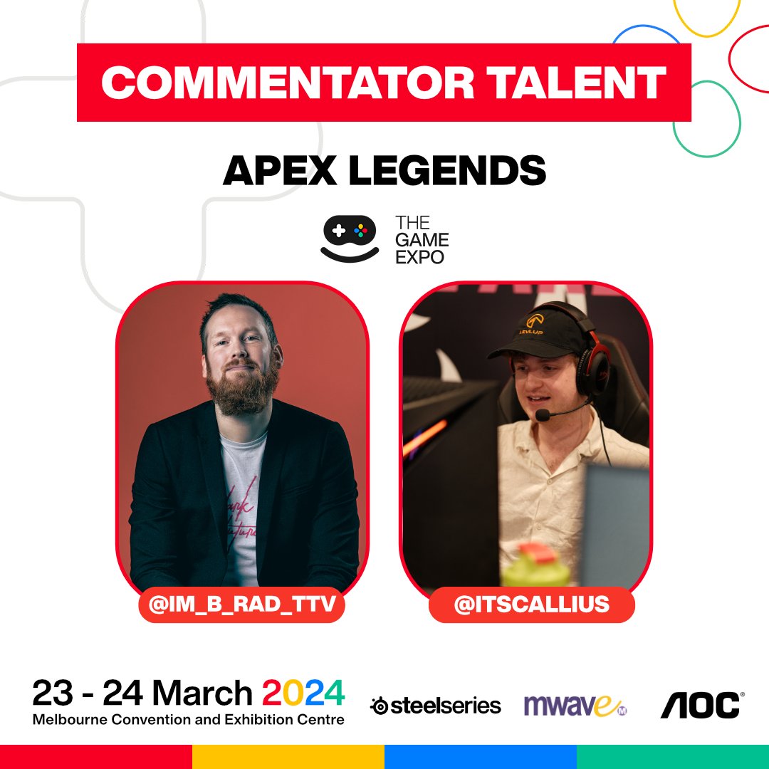TheGameExpo's tweet image. The #TGX @PlayApex Creator Showdown will be casted by the amazing @im_b_rad_ttv and @ItsCallius 💥  
With 60 creators involved we cannot wait to see the chaos unfold 👀  

Sponsored by @SteelSeriesANZ, @MwaveAu, @AGONbyAOC, and @CureCancerAu 

#TheGameExpo #ApexLegends