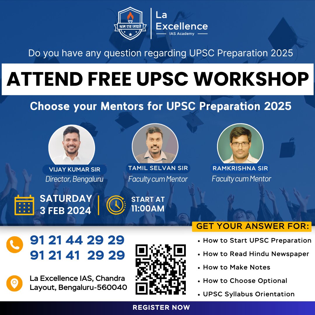 Do you have any question regarding UPSC Preparation 2025 ATTEND FREE UPSC WORKSHOP Date: 3rd Feb 2024 Time: 11am to 1pm Register link: forms.gle/MZxrsajds2E8S9… For further details contact us: 91 21 44 29 29 / 91 21 41 29 29