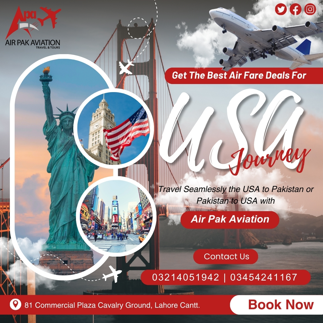 Embark on a Seamless Journey Between the USA and Pakistan with Air Pak Aviation! 🇺🇸🇵🇰 Get the Best Air Fare Deals for your Transcontinental Travel. Whether you're Flying From the USA to Pakistan or Pakistan to USA!🌎✈️
#AirPakAviation #USA #ExploreUSA #ticketing #aviation #FLIGHT