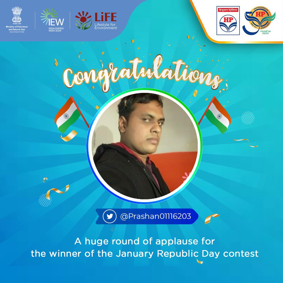 HPCL's tweet photo. We thank all the participants of our Republic Day Contest. Glad to announce the name of the winner.
#HPCL #HPTowardsGoldenHorizon #DeliveringHappiness #JanuaryContest https://t.co/YTOtciwTSA