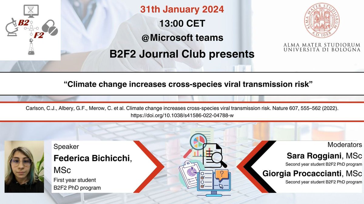 #JournalClub2024 continues. Today at 1pm on Teams, 1st-year PhD student Federica Bichicchi will discuss with us about 'Climate change increases cross-species viral transmission risk'. You can check it at: doi.org/10.1038/s41586…