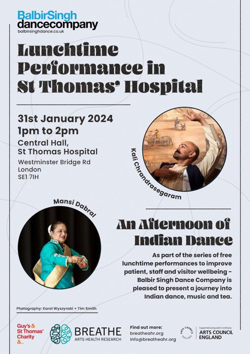 Balbir Singh Dance Co (@balbirdance) on Twitter photo Staff, patients & visitors <a href="/GSTTnhs/">Guy's and St Thomas'</a>! 📢 💃 ☕️
Join us for an exciting journey into Indian dance, music & tea in our lunchtime performance TODAY.
⏰ 1-2pm, Weds 31 Jan
📍 Central Hall, St Thomas'
🎟️ Free - no booking required!
TQ <a href="/BreatheAHR/">Breathe Arts Health Research</a> & <a href="/GSTTCharity/">Guy’s & St Thomas’ Charity</a> & <a href="/ace_national/">Arts Council England</a> ❤️ Staff, patients & visitors <a href="/GSTTnhs/">Guy's and St Thomas'</a>! 📢 💃 ☕️
Join us for an exciting journey into Indian dance, music & tea in our lunchtime performance TODAY.
⏰ 1-2pm, Weds 31 Jan
📍 Central Hall, St Thomas'
🎟️ Free - no booking required!
TQ <a href="/BreatheAHR/">Breathe Arts Health Research</a> & <a href="/GSTTCharity/">Guy’s & St Thomas’ Charity</a> & <a href="/ace_national/">Arts Council England</a> ❤️