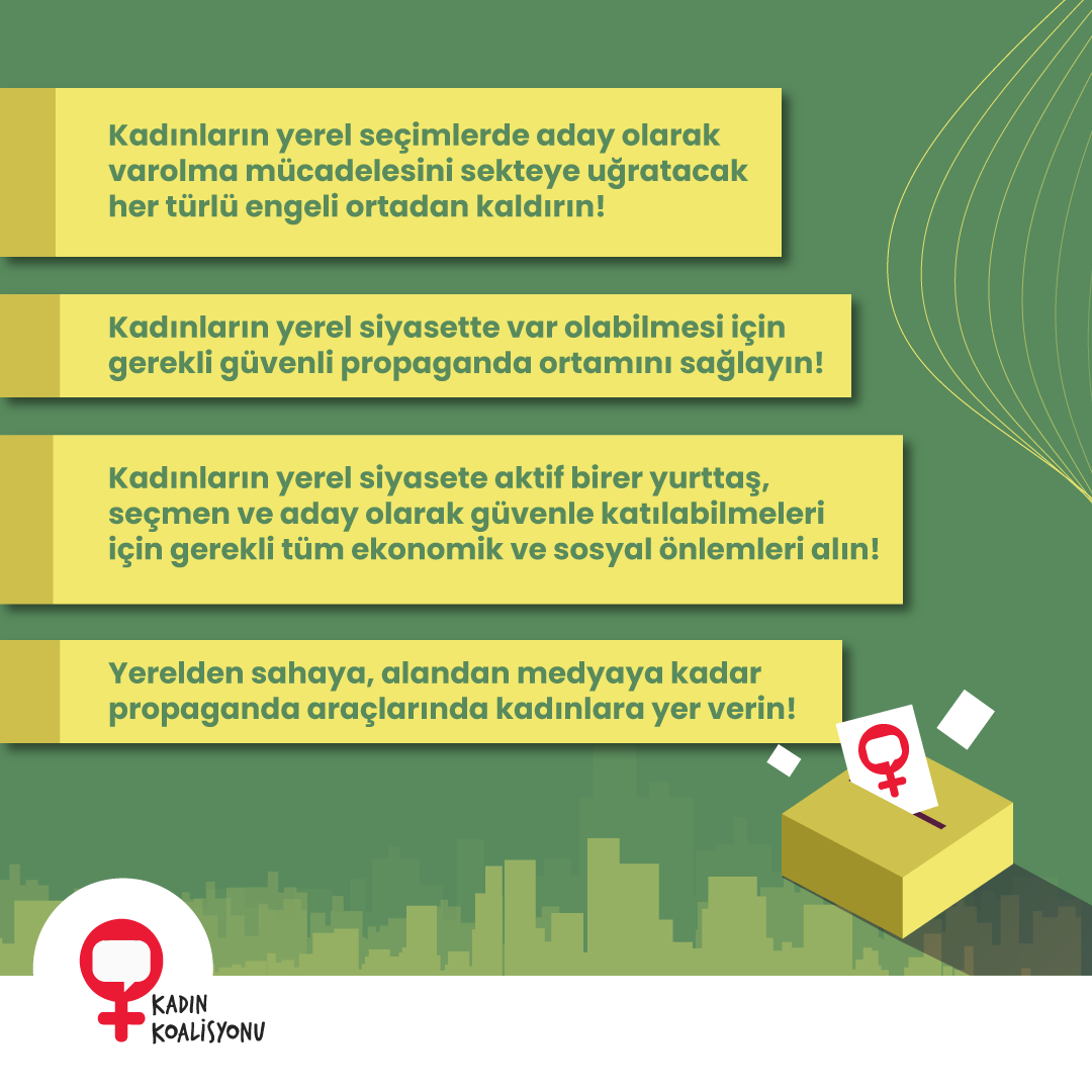 kadinkoalisyonu's tweet image. Kadınların yerel seçimlerde aday olarak varolma mücadelesini sekteye uğratacak her türlü engeli ortadan kaldırın!

Kadınların yerel siyasette var olabilmesi için gerekli güvenli propaganda ortamını sağlayın!

Kadınların yerel siyasete aktif birer yurttaş, seçmen ve aday olarak…