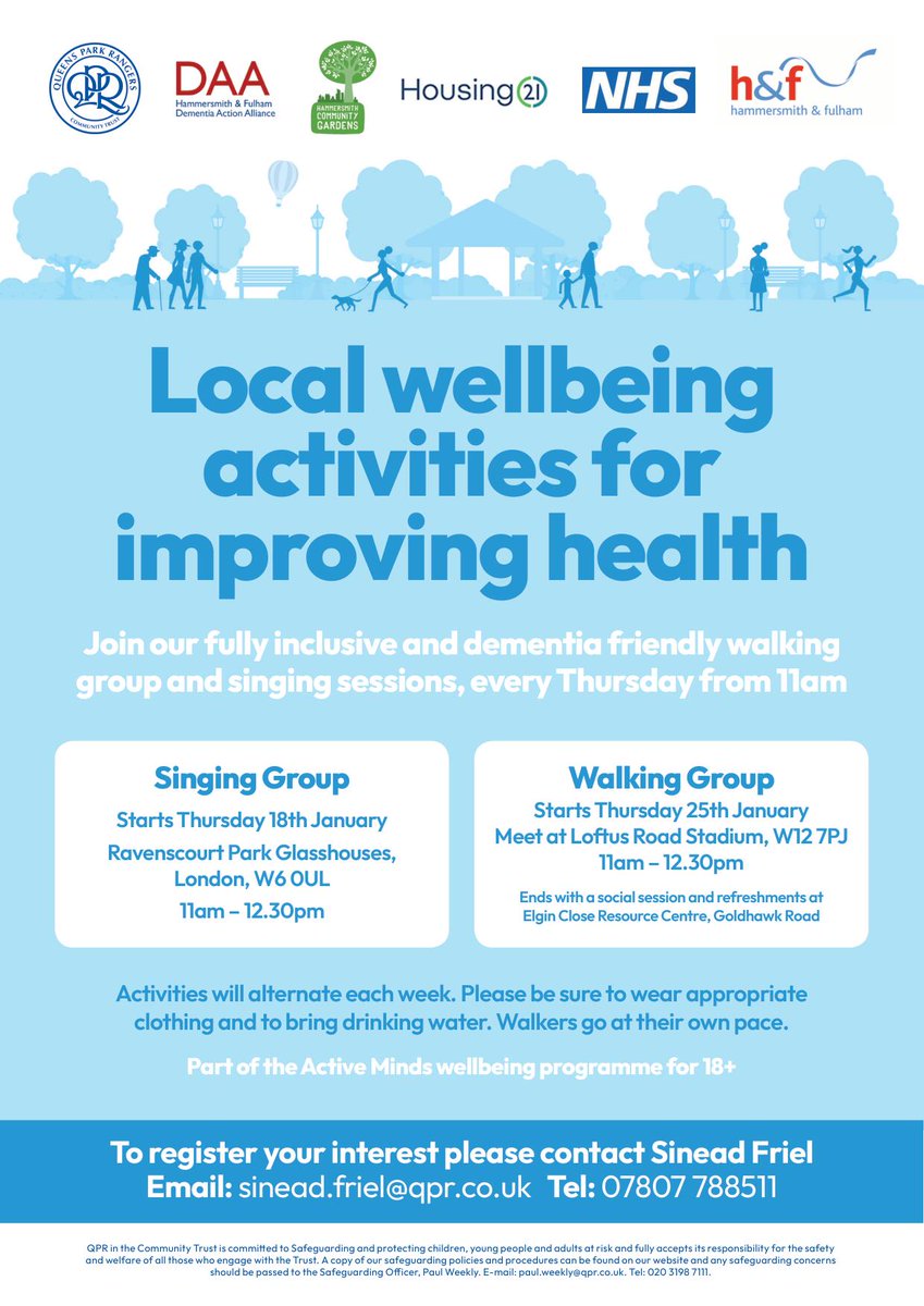 Dementia friendly walking group and singing group. Contact Sinead 07807 788 511